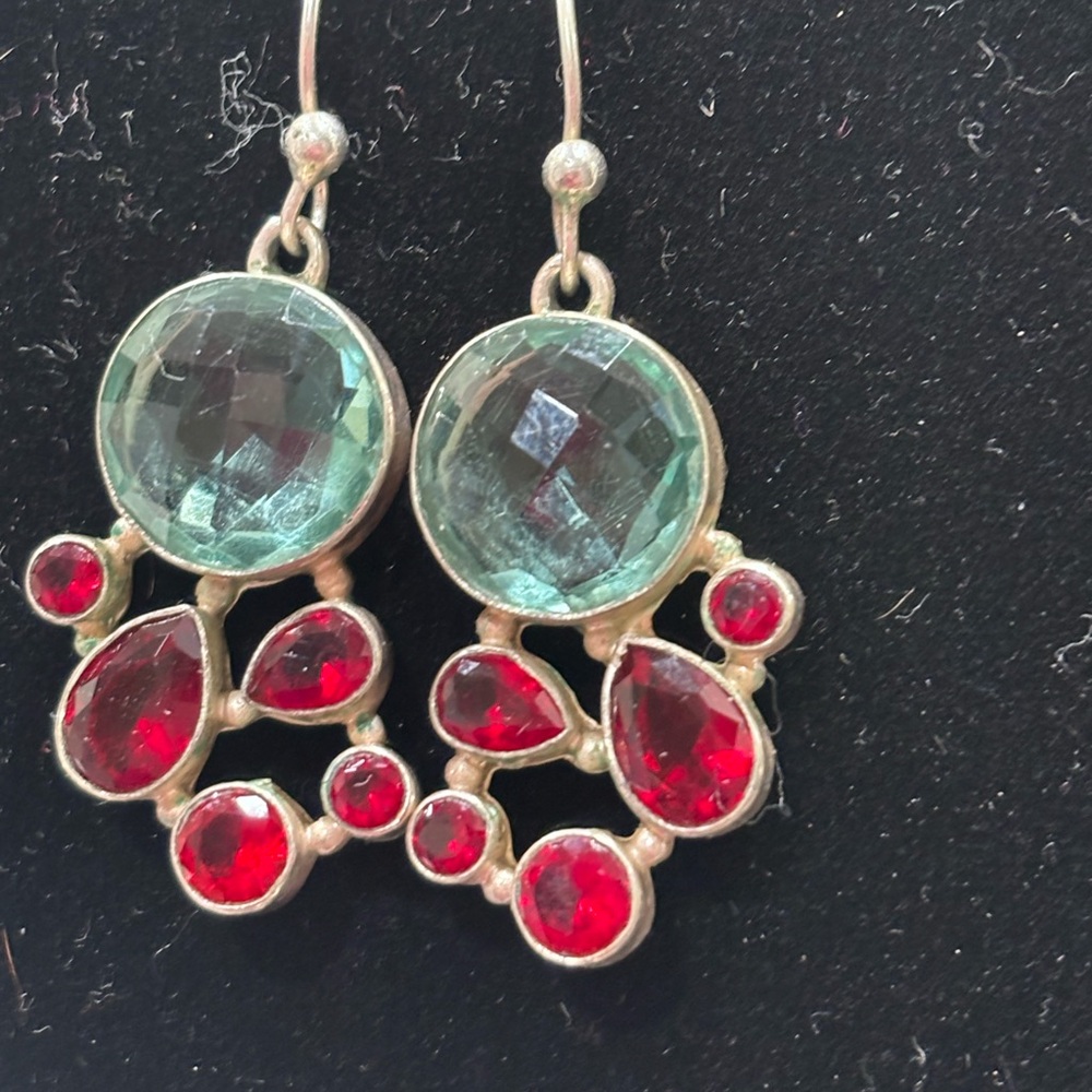 Chic Silver Earrings with Red and Green Gems